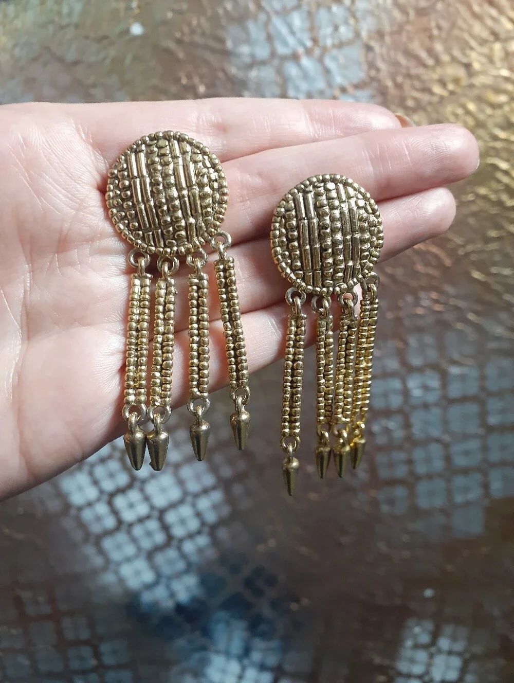 Vintage 70s Gold Dangle Beaded Fringe Earrings - Women Jewelry